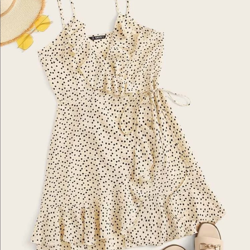 Ruffle Trim Wrap Confetti Heart Print Sundress